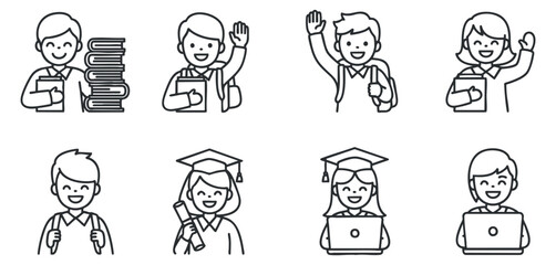 Fototapeta premium A collection of student illustrations featuring smiling characters with books, laptops, and graduation caps in clean outline vector style, ideal for educational materials and branding