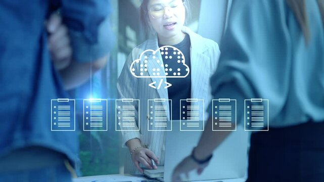 Document Management System DMS cloud computing Artificial Intelligence AI learning, Developer training a machine learning model cloud-based data documents stored on a secure cloud network.