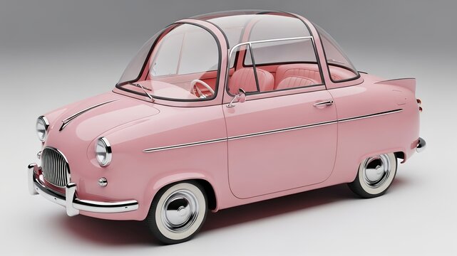 Pink zundapp janus small car with a transparent bubble roof, ideal for automobile enthusiasts and vintage car collectors. Perfect for designs.
