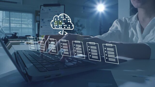 Document Management System DMS cloud computing Artificial Intelligence AI learning, Developer training a machine learning model cloud-based data documents stored on a secure cloud network.