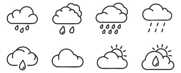 Obraz premium A collection of weather icons featuring clouds, rain, and sun in minimalist black outline vector style, suitable for weather-related designs