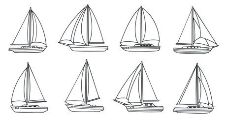 A collection of sailing boats and yachts in black outline vector style, perfect for nautical-themed projects and designs