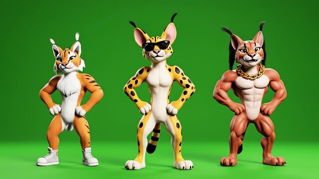 Three different anthropomorphic feline characters, resembling lynxes or caracals, stand proudly and flex their muscular bodies against a vibrant green studio background in a dynamic 3D.