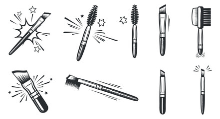 A collection of various makeup brushes and tools in black and white vector style, perfect for beauty and cosmetics branding