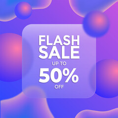 Gradient promotional banner with abstract purple, pink and blue shapes, featuring translucent square and bold white text: Flash sale up to 50 percent off.