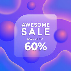 Colorful promotional banner with abstract gradient background in purple, pink and blue tones, featuring translucent rounded square and bold white text: Awesome sale save up to 60 percent.