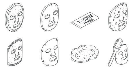 Fototapeta premium A collection of facial masks and skincare treatments in minimalist outline vector style, suitable for beauty and wellness projects