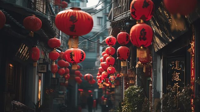 Red Chinese Lanterns Decorate an Old City Alley