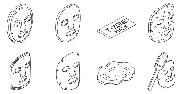 A collection of facial masks and skincare treatments in minimalist outline vector style, suitable for beauty and wellness projects