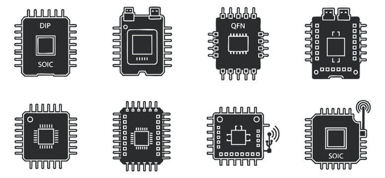 A collection of various microchip designs including DIP, SOIC, and QFN in black and white outline vector style, suitable for electronics illustrations