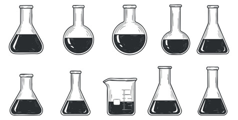 A collection of various laboratory glassware including flasks and beakers in black and white outline vector style, ideal for educational materials or scientific themes