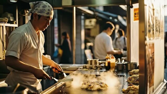Japanese Street Food Chef Cooking with Steam and Spatula at Stall