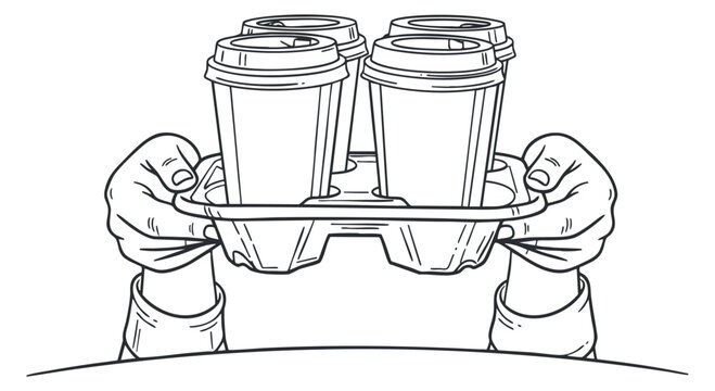 A hand holding a tray with four takeaway coffee cups in minimalist lineart vector style, ideal for caf&eacute; branding and food service design