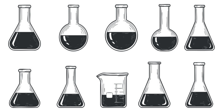 A collection of various laboratory glassware including flasks and beakers in black and white outline vector style, ideal for educational materials or scientific themes