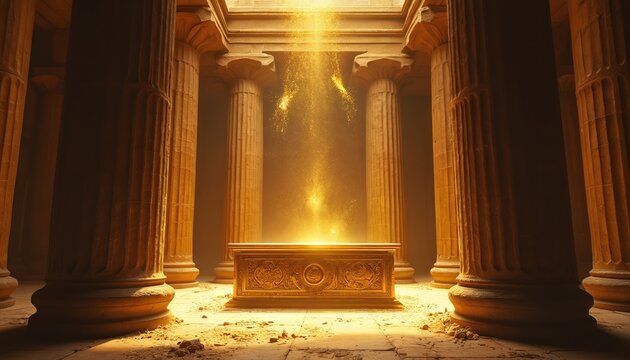 Ornate golden altar rests within ancient temple hall, bathed in divine light. Tall columns frame sacred space with sparkling dust falling from above, signifying spiritual power.