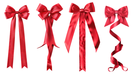 Four elegant red ribbon bows on transparent background