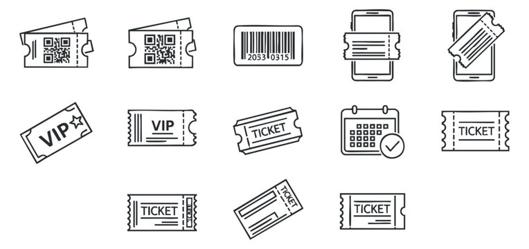 A collection of various ticket designs including VIP, QR code, and digital tickets in outline vector style, suitable for event planning and marketing