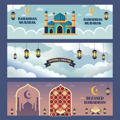 Modern Ramadan banner set with flat vector mosques, lanterns, and Islamic patterns. Wide UI-friendly composition for social media headers, web covers, and religious holiday greetings