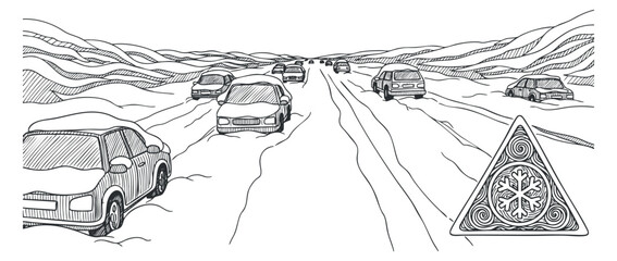 Obraz premium A winter road scene with cars driving through snow and ice in minimalist black and white line art style, ideal for travel safety illustrations