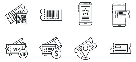 Fototapeta premium A collection of various ticket illustrations including QR codes, barcodes, and mobile tickets in outline vector style, suitable for event management and digital applications