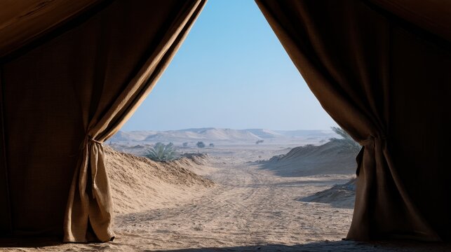 Tent Flap Open to Dusty Desert Landscape with Clear Blue Sky and Distant Hills