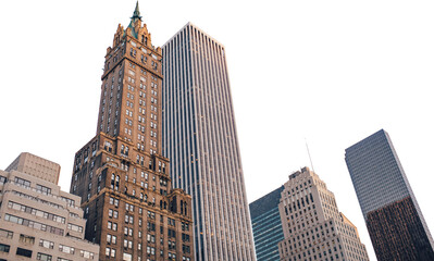 The Empire State Building stands as a tall, blue glass tower within the urban skyscraper skyline of the New York City downtown business district