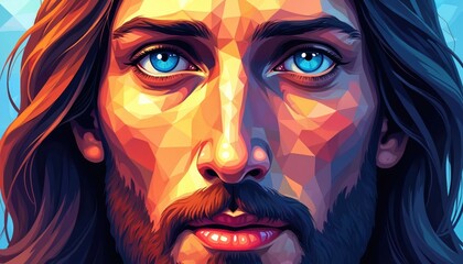 Fototapeta premium Jesus Christ face in abstract mosaic style. Vibrant colors show Christian faith spirituality. Modern religious art design for church and events. Iconic spiritual portrait illustration.