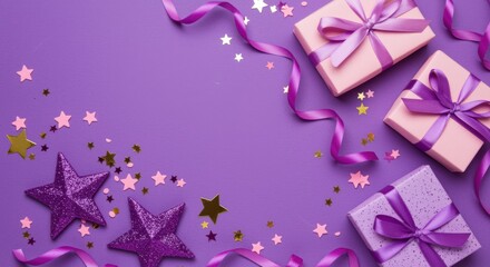 Fototapeta premium Festive purple background with gift boxes, ribbons, and star confetti for celebrations
