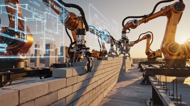 Robotic Arms Building Brick Wall With Augmented Reality Blueprint