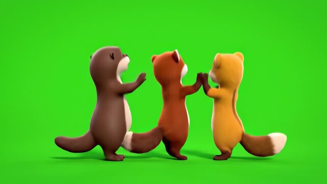 Three adorable animated cartoon otters perform a cheerful synchronized dance routine, raising their arms and smiling happily against a vibrant green screen background, rendered in high quality 3D.