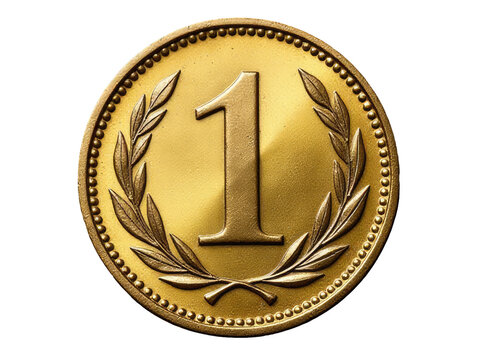A shiny gold coin with the number one embossed on it, suitable for illustrations or designs related to finance, numerology, or awards