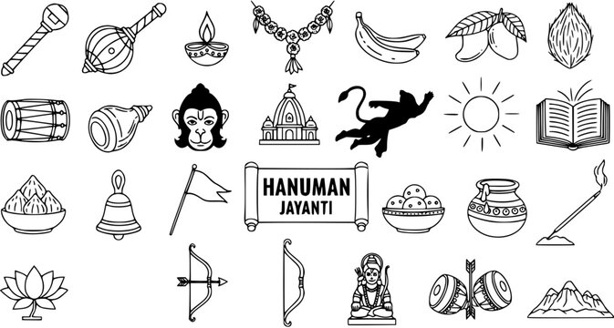Hanuman Jayanti Vector Icons: Line Art Symbols of Indian Culture, Spirituality, and Festivals