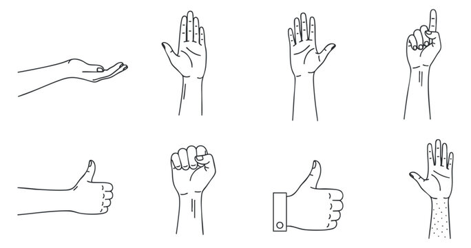 A collection of hand gestures including thumbs up, peace sign, and pointing finger in minimalist black and white vector style, suitable for communication design and illustration.
