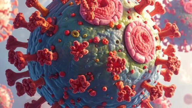 Detailed microscopic view of a virus cell with intricate surface structures and vibrant colors.