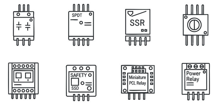 A collection of electronic relay icons including SPDT, SSR, and power relay in minimalist black and white vector style, suitable for technical design and engineering projects