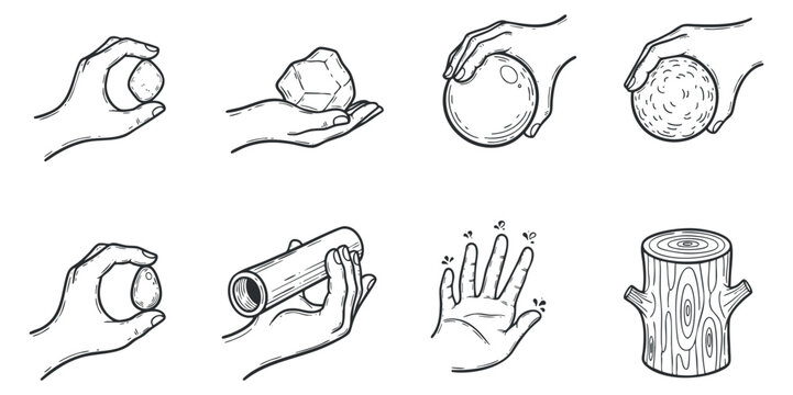 A collection of hands holding various objects including a sphere, a geometric shape, and a log in minimalist outline vector style, suitable for educational and creative projects