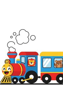 Cartoon train with smiling bear passengers.