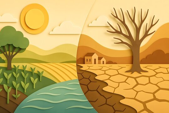 Paper cut design contrasting healthy farmland with water and crops against arid cracked drought-stricken land with dead tree and small village houses.