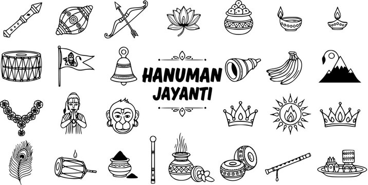 Hanuman Jayanti Icons - Black and White Line Art Collection for Indian Festival Celebration