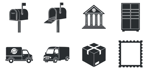 A collection of delivery and postal icons including mailboxes, trucks, and a postal stamp in black and white vector style, suitable for logistics and communication projects