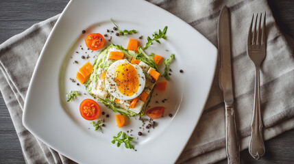 A plate of food with a poached egg and vegetables on a table setting