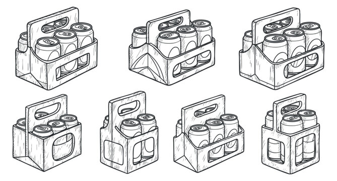 A collection of hand-drawn beverage carton packs with cans in outline vector style, suitable for product packaging design