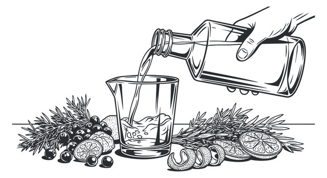 A hand pouring a drink into a glass with assorted fruits like citrus and berries in black and white outline vector style, perfect for beverage menus and culinary designs