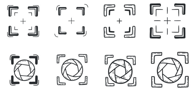 A collection of camera focus icons and lens symbols in clean outline vector style, ideal for photography apps and creative projects