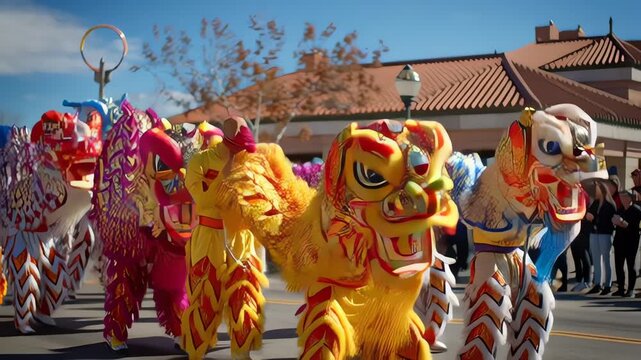Colorful Lion Dance Performance Celebration on Street