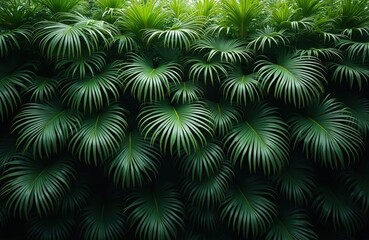 Obraz premium Dense green palm leaves create a natural textured backdrop. Lush foliage displays vibrant fresh growth. This tropical plant fills frame with vibrant color.