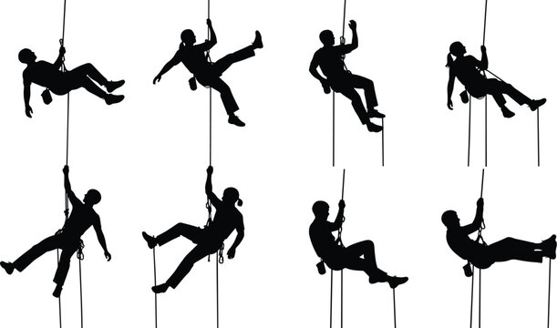 Collection of black vector silhouettes featuring rock climbers and rappellers hanging on ropes, isolated on white background for adventure sports.