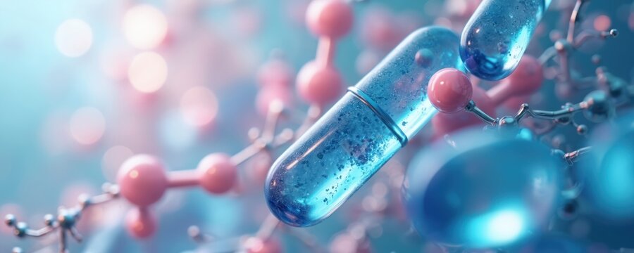 Macro view of blue pills and abstract molecular structures with pink spheres. Medical science and pharma research concept with science particles.