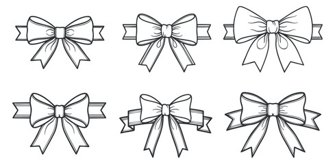 A collection of six decorative bows in black and white outline vector style, perfect for gift wrapping and festive designs