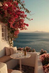 Naklejka premium Mediterranean balcony with whitewashed walls and blooming bougainvillea overlooks the sea, table set with two wine glasses. Romantic coastal view at golden hour, peaceful and sunlit.